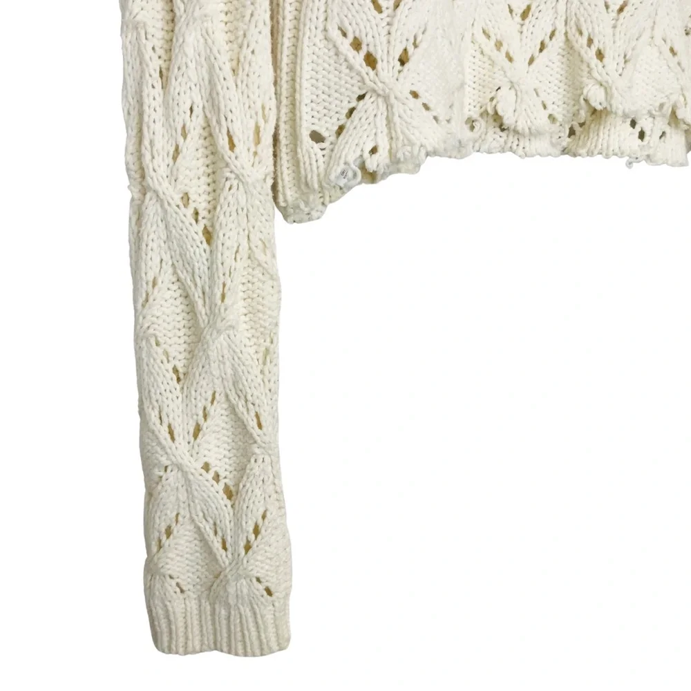 Loft Geo Pointelle Knit Crochet Dristressed Chewed Hem Sweater - Picture 8 of 10